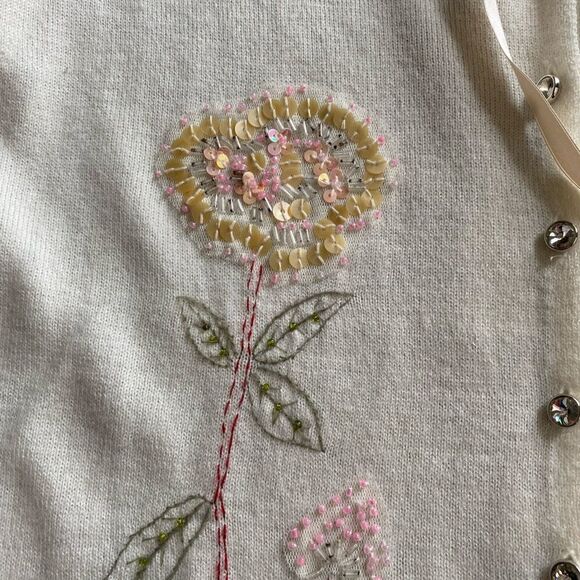 Charlotte Tarantola Angora Blend Cardigan Sweater Floral Beaded Large - Picture 6 of 7